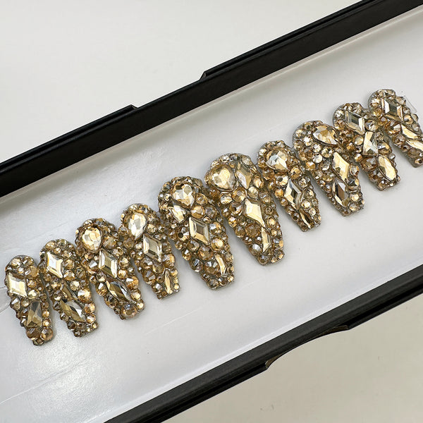 Ready To Ship Set Now- Mixed Bling Champagne Crystals, Long Coffin, Size M