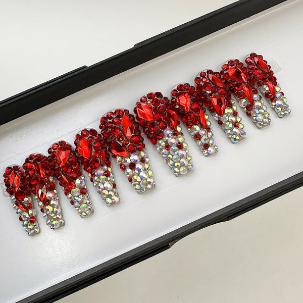 Ready To Ship Set Now- Mixed Bling AB and Red Crystals, C-Curve Long Coffin, Size M