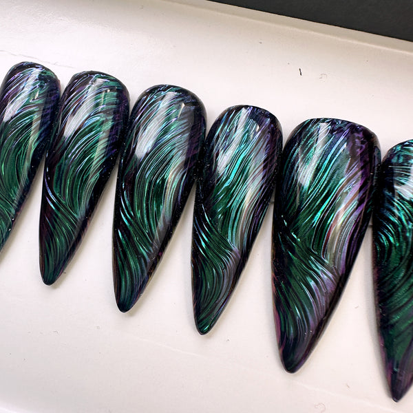 Handmade- Starry Night, Brushstroke Peacock Press On Nails