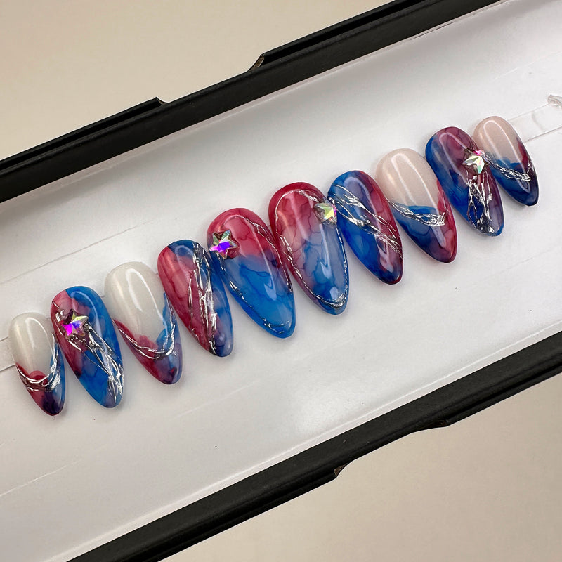Handmade-Red White Blue (RWB) Marble America Press On Nails Square / Don't know- Send size kit Handmade-Red White Blue (RWB) Marble America Press On Nails Square / Don't know- Send size kit