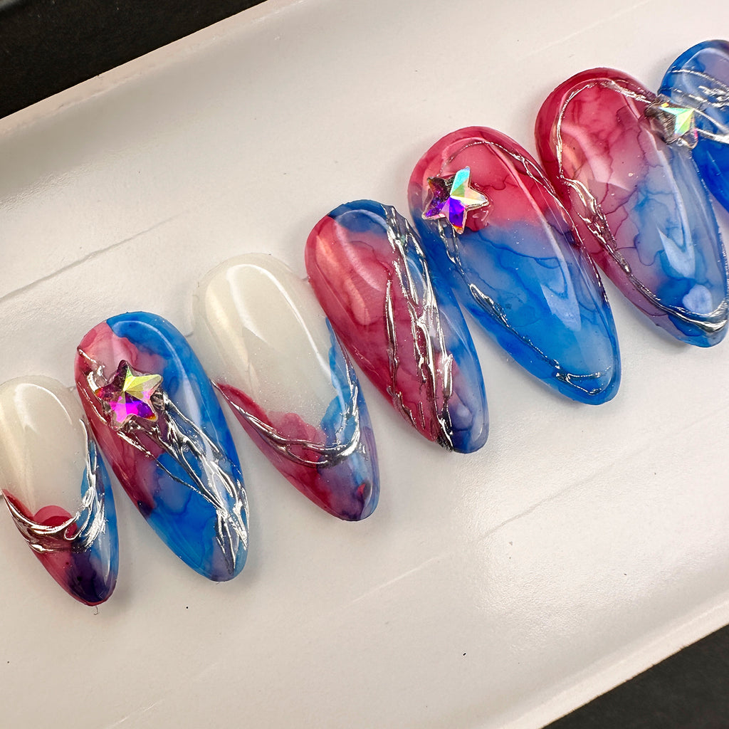 Handmade-Red White Blue (RWB) Marble America Press On Nails Square / Don't know- Send size kit