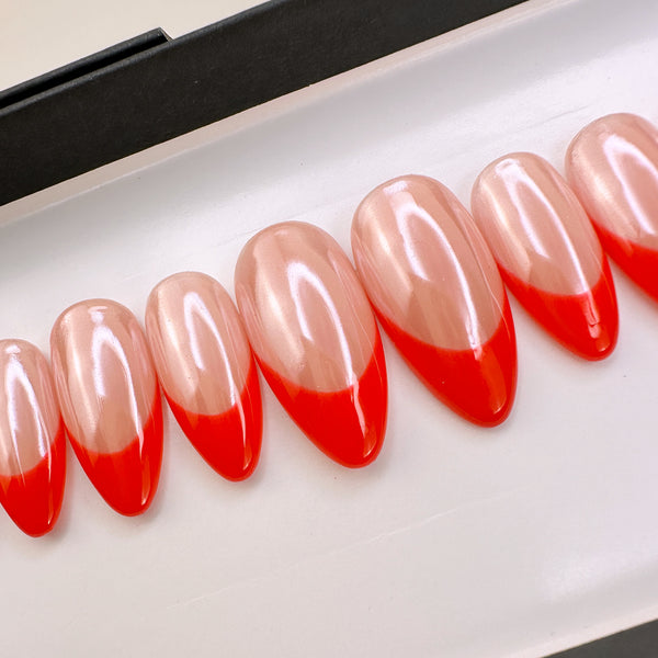 Handmade- Glazed Donut Classic Red French Chrome Press On Nail Set