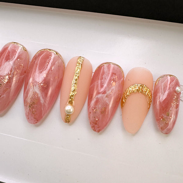 Handmade- Strawberry Quartz, Pink Marble and Gold Detail Press On Nail Set