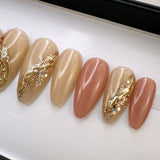 Handmade- Ecru Moonstone Gold Glitter Accent Press On Nail Set