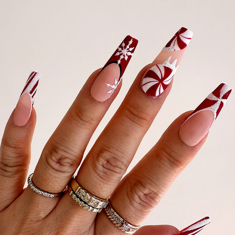 HANDMADE- Peppermint Twist, Holiday Press On Nail Set