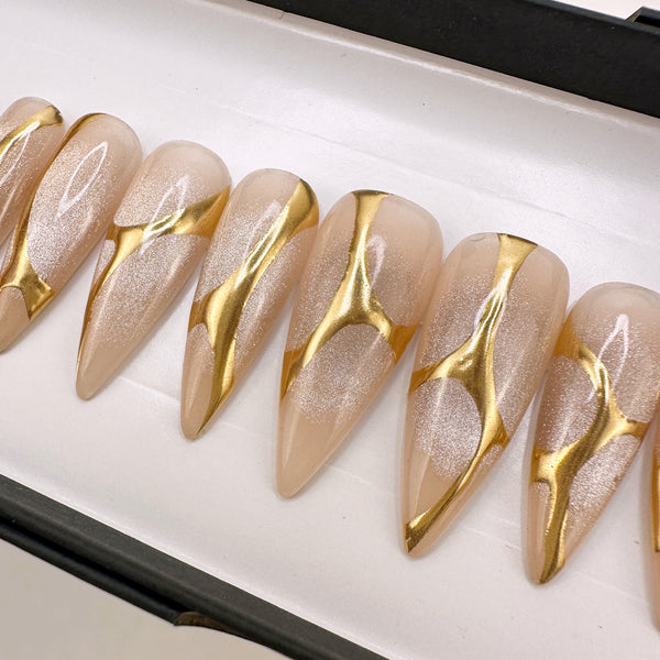 Handmade- Gold Schnapps, Gold Chrome Swirl Press On Nail Set