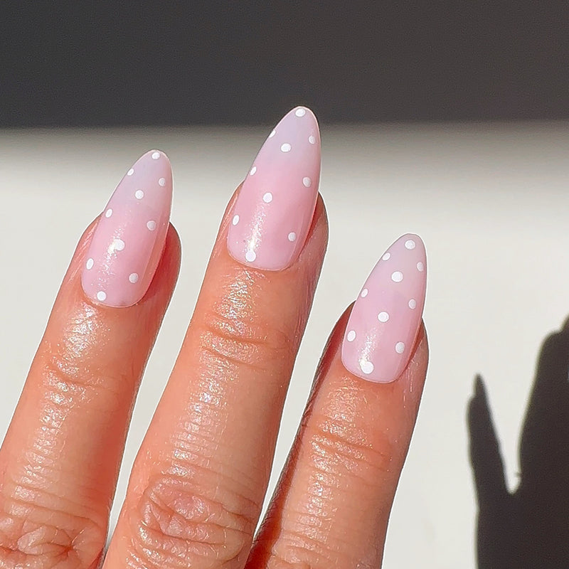 Handmade- Pink Poppy Dots, Pink Base with White Polka Dots Press On Nail Set