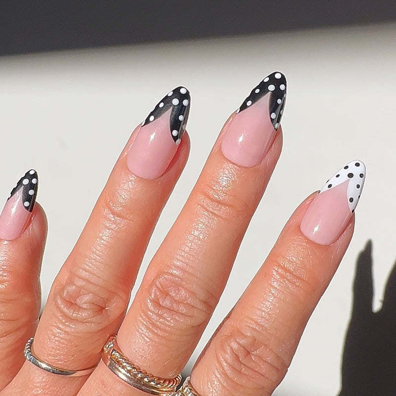 Handmade- Monochrome Dots- Black White Heart Shape Polka Dots Press On Nail Set