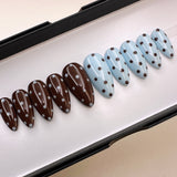 Handmade- Mocha Powder Blue Poppy Polka Dots Press On Nail Set