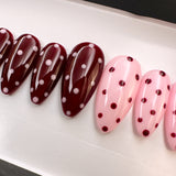 Handmade- Pink Burgundy Poppy Polka Dots Press On Nail Set