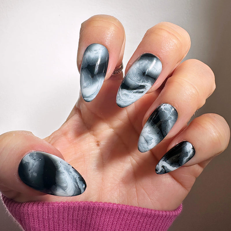 Handmade- Marquina Black White Marble Press On Nail Set