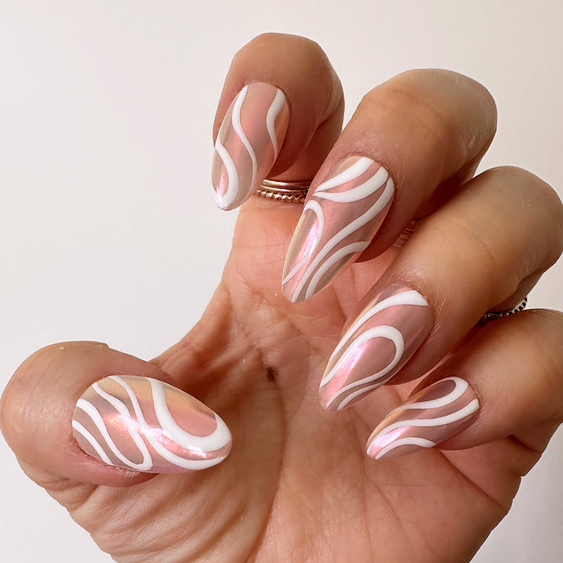 Handmade- Swirl of Steel White Press On Nails