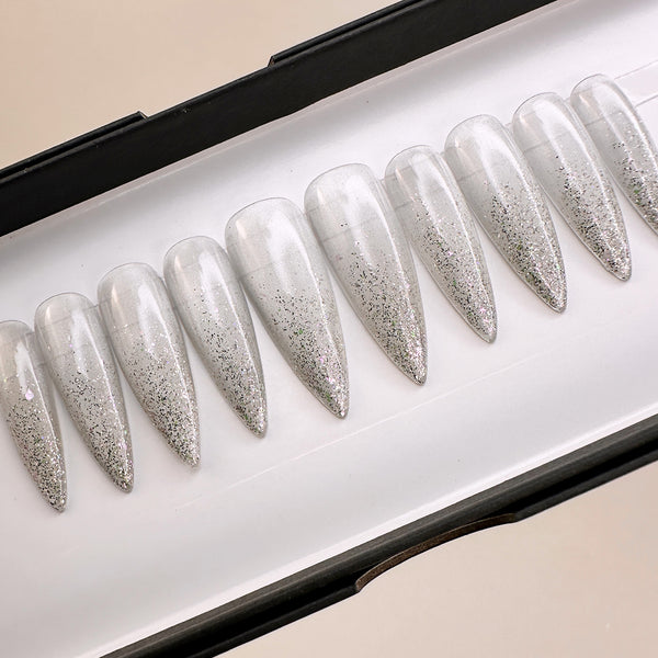 Handmade- Sliver Holo Glitter Ombre Chrome Press On Nail Set