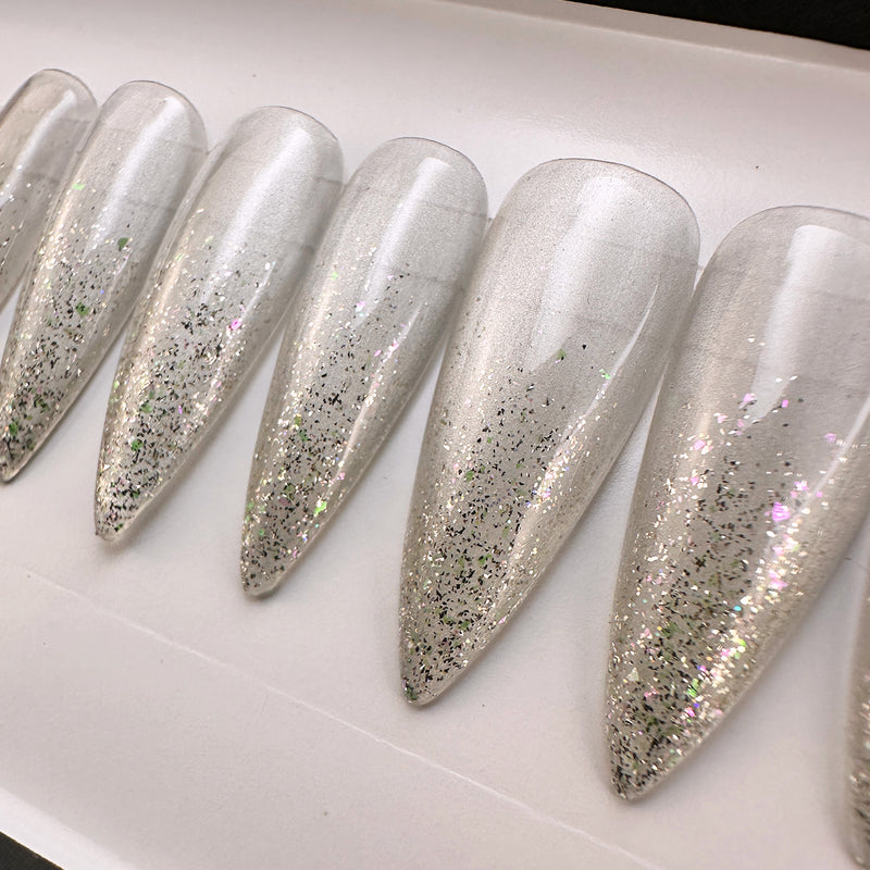 Handmade- Sliver Holo Glitter Ombre Chrome Press On Nail Set