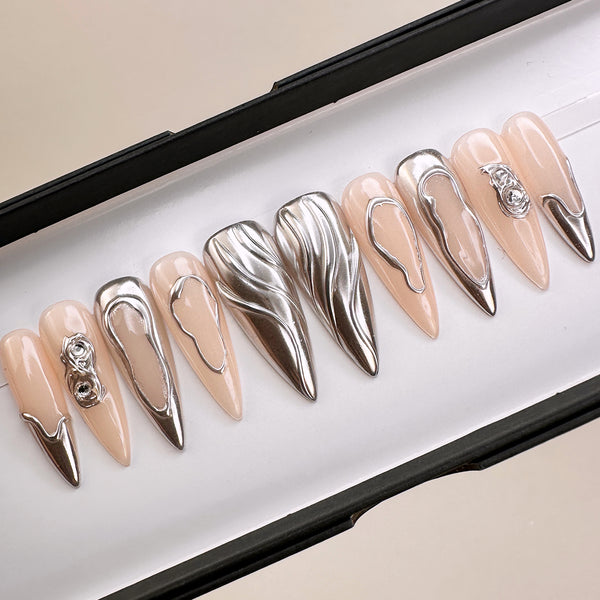 Handmade- Platinum Wave Sliver Chrome Press On Nail Set