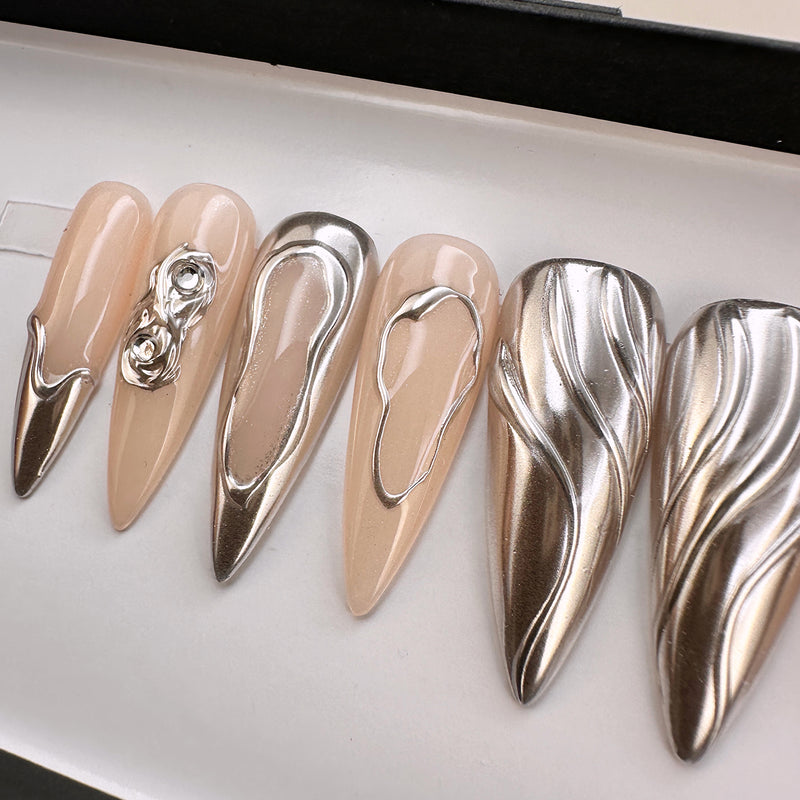 Handmade- Platinum Wave Sliver Chrome Press On Nail Set