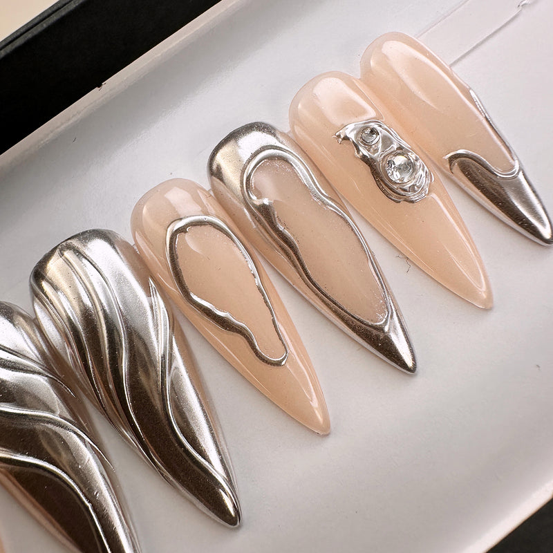 Handmade- Platinum Wave Sliver Chrome Press On Nail Set