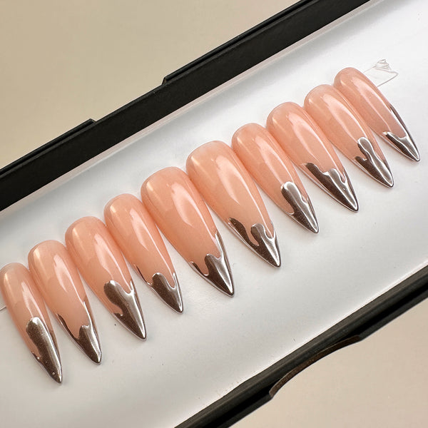 Handmade- Liquid Metal Drip Sliver Chrome Press On Nail Set