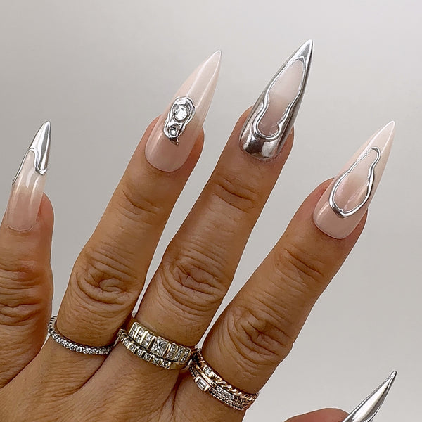 Handmade- Platinum Wave Sliver Chrome Press On Nail Set