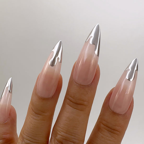 Handmade- Liquid Metal Drip Sliver Chrome Press On Nail Set