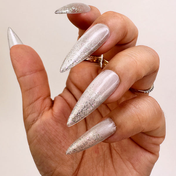 Handmade- Sliver Holo Glitter Ombre Chrome Press On Nail Set