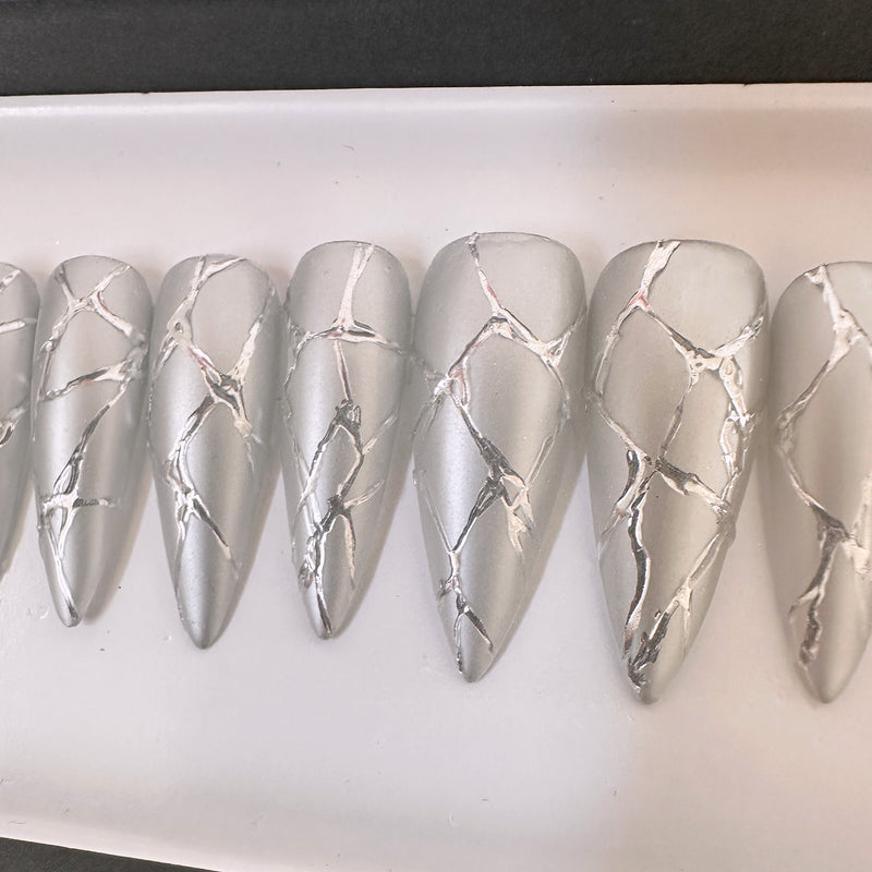 Handmade- Shattered Mirror Chrome Sliver Press On Nail Set