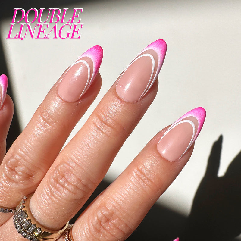 Handmade- Double Lineage, Double French Curve With Hot Pink Tipping Press On Nail Set