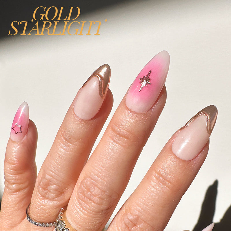 Handmade- Gold Starlight Pink Blush Accent Press On Nail Set.