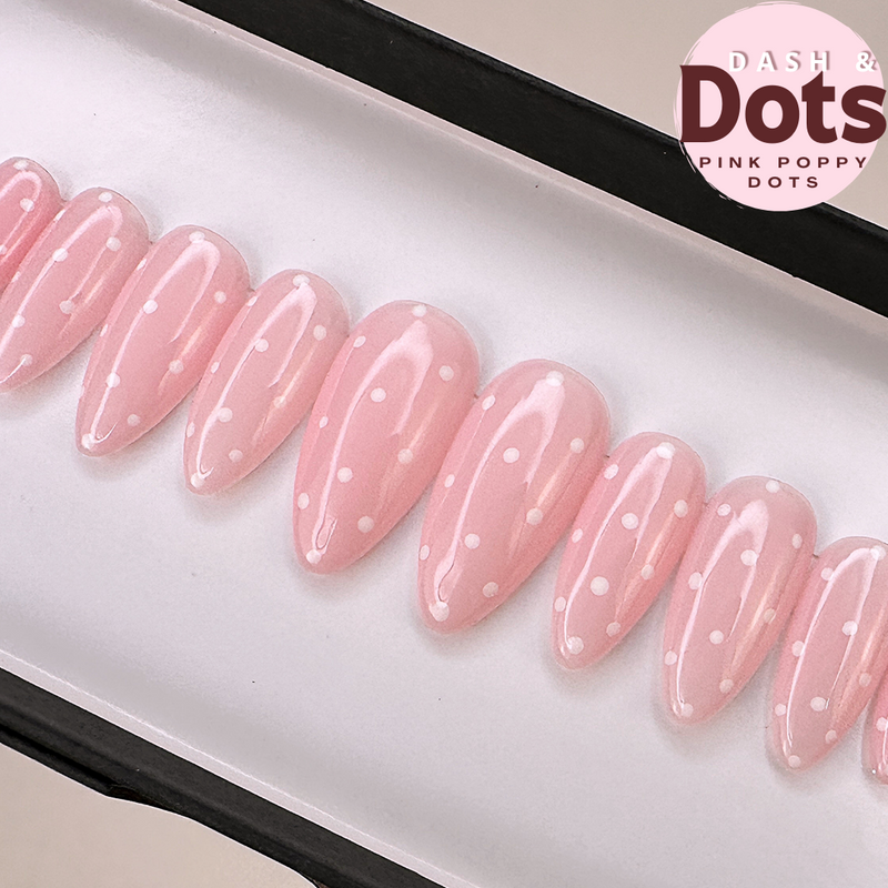 Handmade- Pink Poppy Dots, Pink Base with White Polka Dots Press On Nail Set
