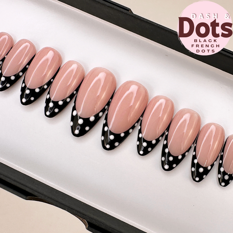 Handmade- Black French Dots- Black French with White Polka Dot Detail Press On Nail Set