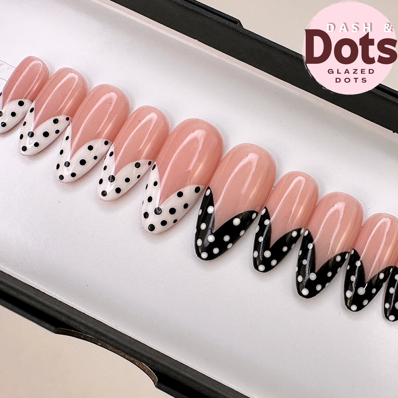Handmade- Monochrome Dots- Black White Heart Shape Polka Dots Press On Nail Set