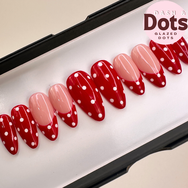 Handmade- Cherry French Dots- Classic Red French with White Polka Dot Detail Press On Nail Set