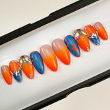 Handmade- Neon Orange Bahamas Blue Foil Crystal Bling Ombre Press On Nail Set
