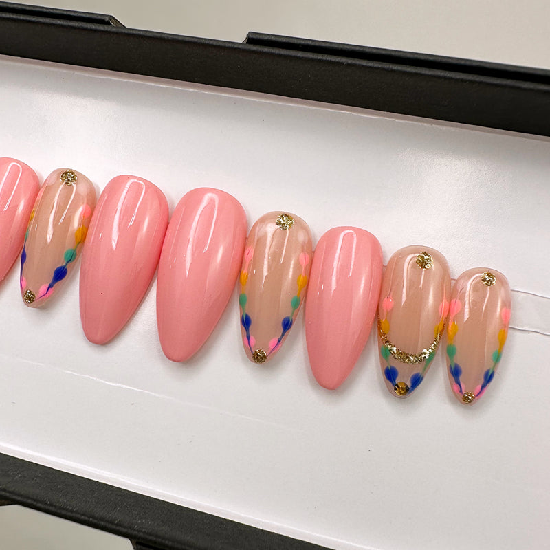 Handmade- Lucky Link Pink Multi Color Press On Nail Set