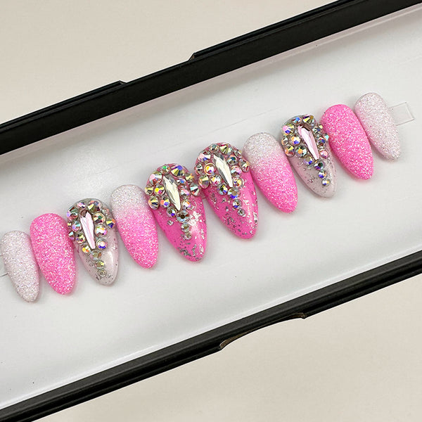 Handmade- Barbie Collection- Pink Barbie Ombre Iridescent Sugar Glitter Crystal Ombre Bling Press On Nail Set