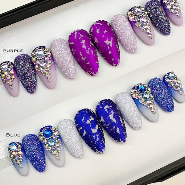 Handmade- Oceanic Blue or Purple Matte Ombre Bling Crystal Press On Nail Set