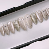 Handmade- Silver Bell, Sliver Glitter Mixed with White Chrome Press On Nail Set