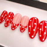 Handmade- Cherry French Dots- Classic Red French with White Polka Dot Detail Press On Nail Set