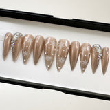 Handmade- Frozen Frost, Beige Nude Cateye Ombre with Crystals Press On Nail Set