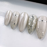 Handmade- Silver Bell, Sliver Glitter Mixed with White Chrome Press On Nail Set
