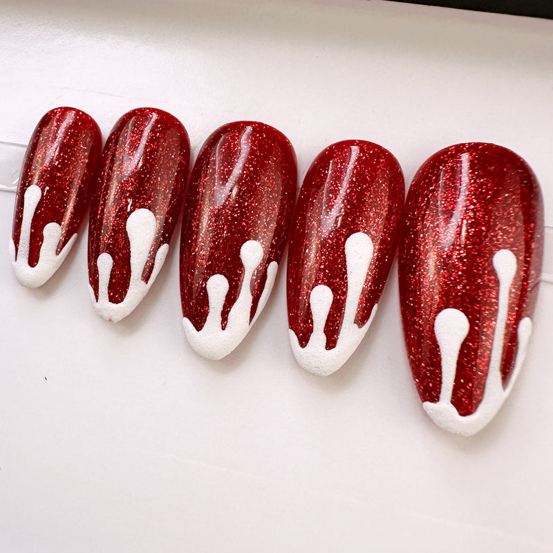 Handmade- Snowfall Red Glitter with White Drip Detailed Press On Nail Set