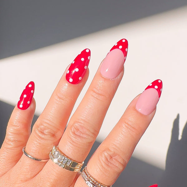 Handmade- Cherry French Dots- Classic Red French with White Polka Dot Detail Press On Nail Set