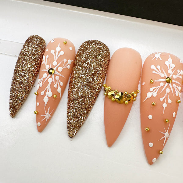 Handmade- Holly Jolly, Snowflakes Gold Glitter Detail Press On Nail Set