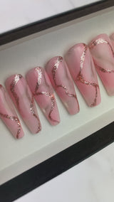 Handmade- Pink Quartz w Rose Gold Reflective Gel Press On Nail Set