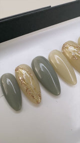 Handmade- Sage Moonstone Gold Glitter Accent Press On Nail Set