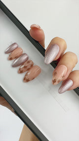 Handmade- Soft Camouflage, Brown And Rose Gold, Gold Ring Detailed Press On Nails