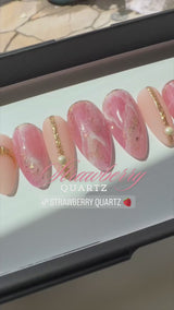 Handmade- Strawberry Quartz, Pink Marble and Gold Detail Press On Nail Set