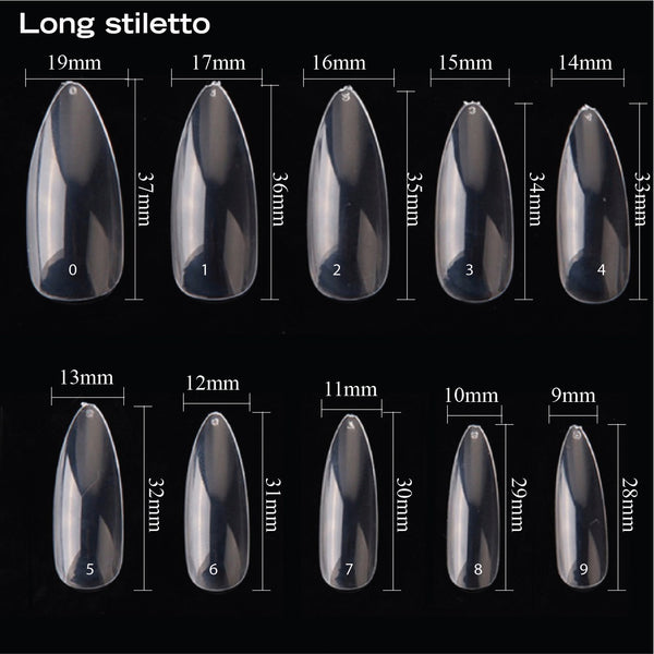 Blank Clear Nail Tips 500pcs- Long Coffin, C-Curve Long Coffin, Long Stiletto, Medium Coffin