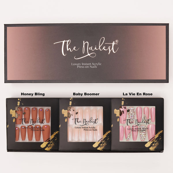 Gift Box 3 Set Combo *Add A Little Bling* Medium Coffin Instant Luxury Acrylic Press On Nails