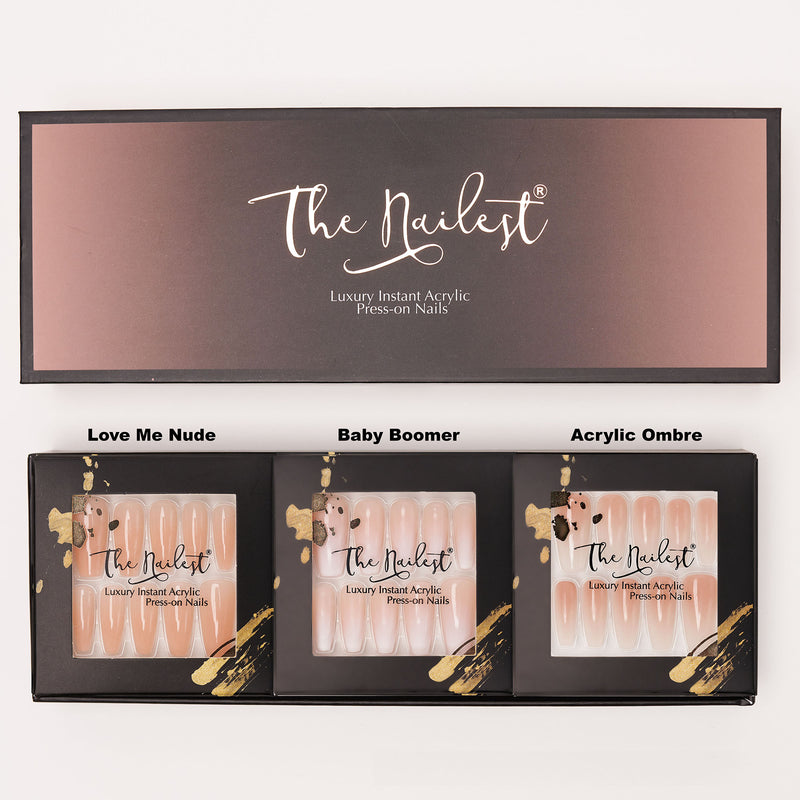 Gift Box 3 Set Combo *Everyday Nude* Medium Coffin Instant Luxury Acrylic Press On Nails